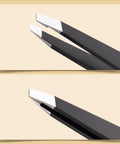 Close-up of Two Pack Slant And Point Tip Tweezers Set For Eyebrows And Ingrown Hair Removal, stainless steel tips for precision grooming