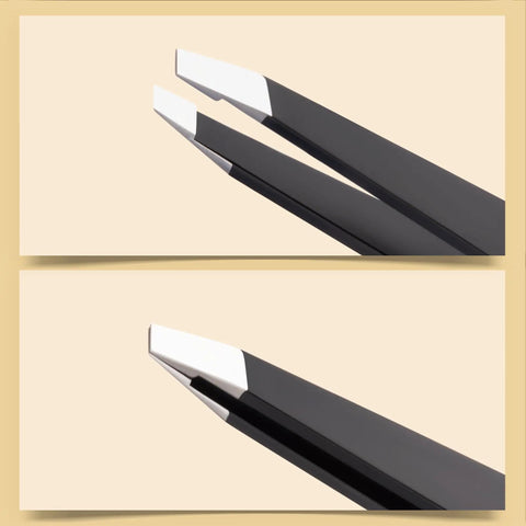 Close-up of Two Pack Slant And Point Tip Tweezers Set For Eyebrows And Ingrown Hair Removal, stainless steel tips for precision grooming