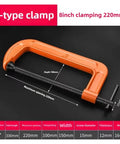 Heavy Duty Woodworking Clamp With C Clip Design For Quick Tool Chuck Panel Fastening And Stable Workholding In All Woodworking Projects 8 Inch Clamp Fixture For Pros And DIY Enthusiasts, orange G-type clamp on black background
