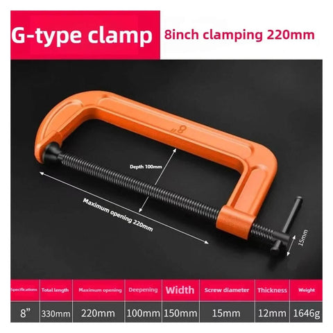 Heavy Duty Woodworking Clamp With C Clip Design For Quick Tool Chuck Panel Fastening And Stable Workholding In All Woodworking Projects 8 Inch Clamp Fixture For Pros And DIY Enthusiasts, orange G-type clamp on black background