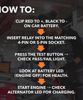 Instructions for using 12V Automotive Relay Tester Kit With Battery And Alternator Check, Tests 4 And 5 Pin Relays visible as text overlay in workshop.