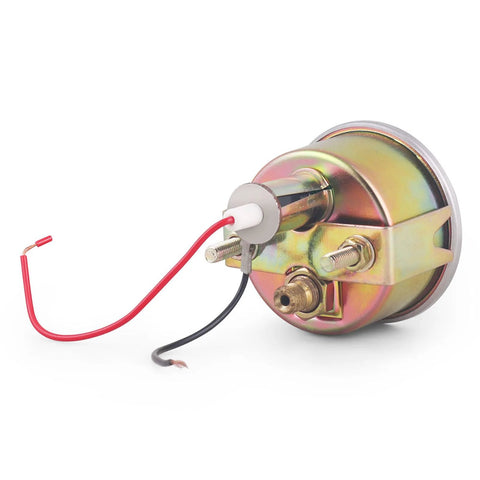 52mm chrome mechanical oil pressure gauge kit, back view with red and black wires and sender.