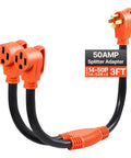 Nema 14-50 Y Splitter Adapter Cord, 50 Amp Dual Outlet Extender for RV and EV Charging, 3ft with rugged orange connectors.