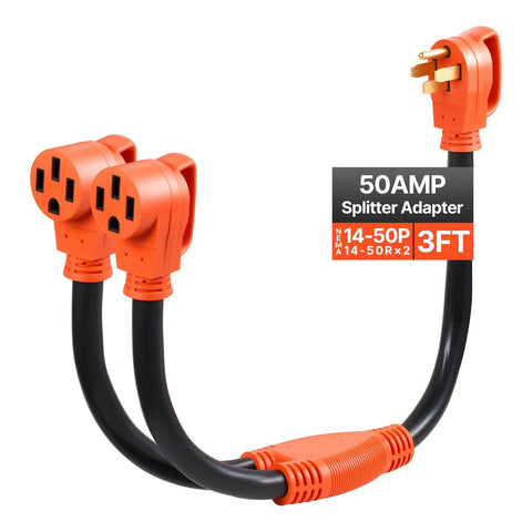 Nema 14-50 Y Splitter Adapter Cord, 50 Amp Dual Outlet Extender for RV and EV Charging, 3ft with rugged orange connectors.