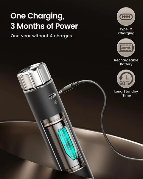 Rechargeable Milk Frother With Game-Changer Stepless Speed Control showing USB-C charging and power capacity