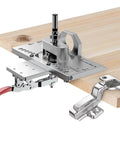 35mm Concealed Door Hinge Jig For Cabinets with Quick Clamp attached to wooden board, showing precise alignment setup.