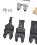 Close-up of metal blades and gaskets from the Wood Oscillating Multitool Blade Kit All-In-One 88 Piece Set for wood and plastic cutting.
