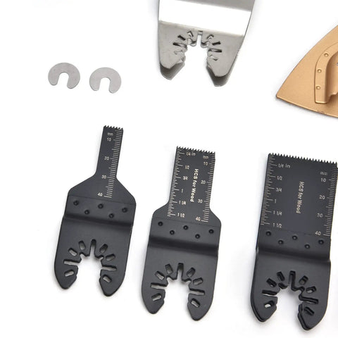 Close-up of metal blades and gaskets from the Wood Oscillating Multitool Blade Kit All-In-One 88 Piece Set for wood and plastic cutting.