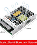 Beefy 24V 6.5A Enclosed Switching Power Supply 156W with Auto Input Switching shown with dimensions and airflow