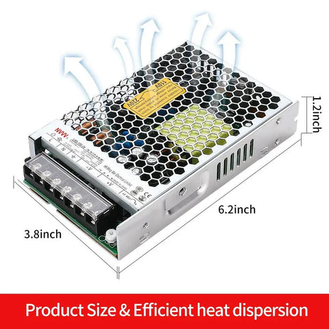Beefy 24V 6.5A Enclosed Switching Power Supply 156W with Auto Input Switching shown with dimensions and airflow