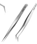 Ultra Precision Stainless Steel Tweezers Set With Two Pieces For Gundam And Scale Models, shown with straight and curved tips.