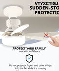 Compact 20.5 Inch Ceiling Fan With Built In Light And Wireless Remote showing safety warning on fan operation.