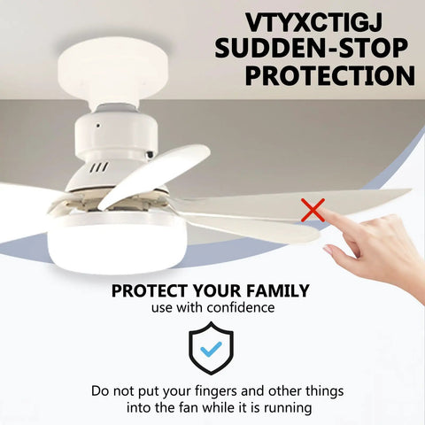 Compact 20.5 Inch Ceiling Fan With Built In Light And Wireless Remote showing safety warning on fan operation.