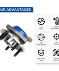 Front Pair 513179 Wheel Bearing Hub Assembly advantages, showing low noise, high precision, and 5 lug ABS fit for GM vehicles