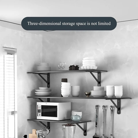 Badass Heavy Duty Shelf Brackets Wall Mount 90 Degree Corner Bracket Pair With Heavy Gusset holding kitchen shelves with dishes.