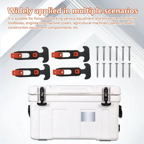 T Handle Rubber Draw Latches For Toolbox And Cooler Covers Boat Hatch Doors 110 By 46 MM Rugged Lid Latches Pack Of 4 With Matching Mounting Screws Built To Last And Secure shown with screws and cooler.