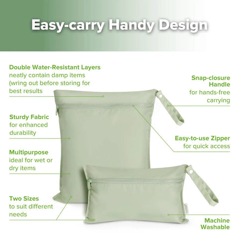 Waterproof Wet Bag Set For Baby On The Go, Wet Dry Bags For Cloth Diapers And Swimwear, Travel Gear Organizer, Green, showing features