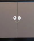 Kid Proof Fridge And Cabinet Lock With Password Protection, white plastic lock on brown cabinet doors for safety.