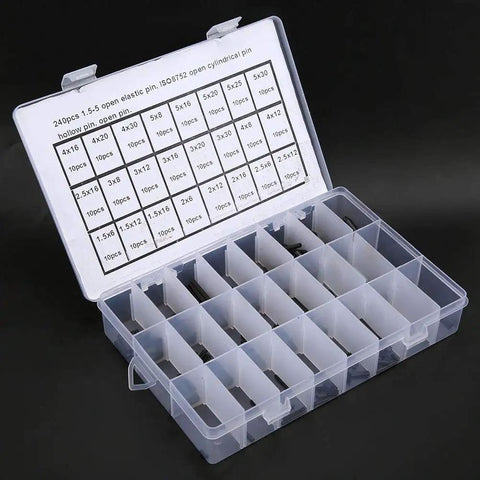 Elastic Cylindrical Pin Set 240 Pieces Carbon Steel Hollow Positioning Pins organized in box for precise assembly
