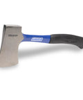 Blue all-steel camp axe with shock-absorbing handle, flat beveled face, slip-resistant grip. Made in USA, includes sheath and nail slot.