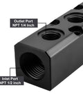 Close-up of 3 Way 5 Port Air Manifold For Compressors showing NPT 1/2 Inch inlet and NPT 1/4 Inch outlet, black aluminum block.