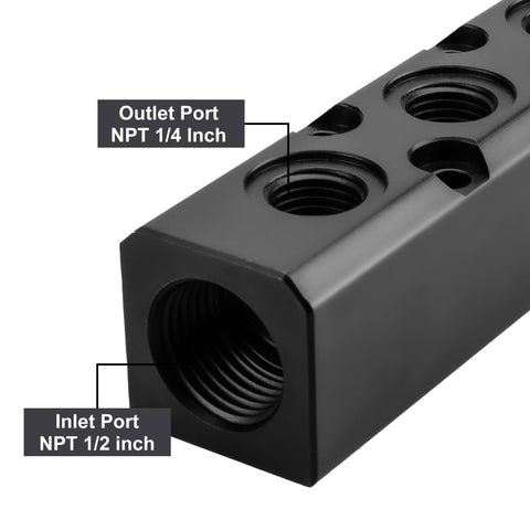 Close-up of 3 Way 5 Port Air Manifold For Compressors showing NPT 1/2 Inch inlet and NPT 1/4 Inch outlet, black aluminum block.