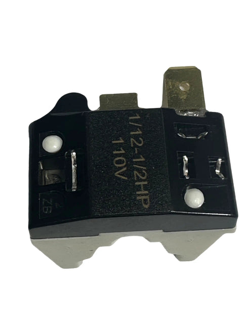 Close-up of black 3 Pin PTC Starter Relay And Overload Kit For Refrigerator Compressors 4.7 Ohm 110V half to one twelfth HP.