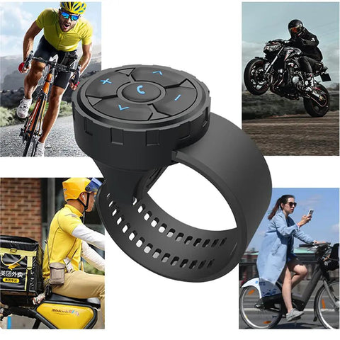 Wireless Bluetooth 5.3 Remote Controller for Steering Wheel Car Kit and Bike Motorcycle Phone Control shown on various vehicles.
