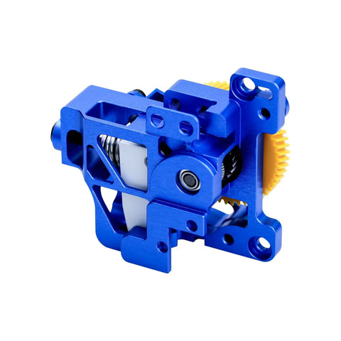 Close-up of Built Tough Extruder Upgrade Kit for X1 and P1 Series 3D Printers with lightweight aluminum and hardened steel gears.