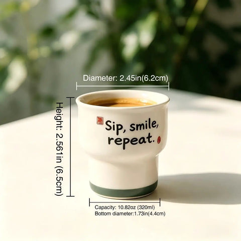 Ceramic Demitasse Espresso Cups Set Of 2, 3.52 Oz Handleless Demitasse Mugs For Double Espresso Cortado Turkish Coffee, Sip Smile Repeat design