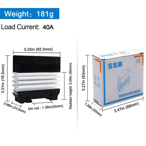 DIN Rail Solid State Relay With Built In Heatsink For Easy Box Install, DC To AC Output 24 To 480V, 3 To 32V DC Input, 40A SSR in box
