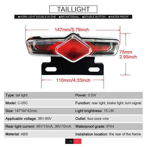 Detailed view of Ebike Headlight And Taillight Set With LED Running Lights And Brake Light, showcasing dimensions and features.
