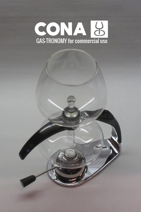 Cona siphon coffee maker with glass chamber and metal base, compatible with Portable Butane Gas Burner For Siphon Coffee Makers Size D Genius Adjustable Flame Refillable Tank Swiss Design Quality Tabletop Tool For Home Baristas And Restaurant Events.