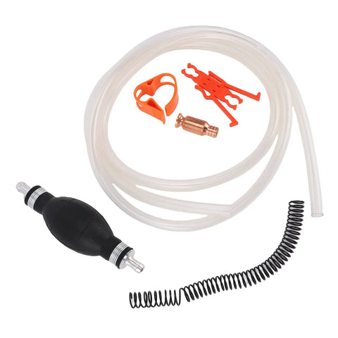 Reliable Manual Gasoline Transfer Pump With Durable Siphon Hose System Tapered接口 Secure Grip No Clamps Needed 8.2ft Long components including pump, tubing, and fittings.