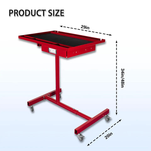 Rolling Tool Cart And Workbench On Wheels, Adjustable Height Heavy-Duty Mechanic Table With Drawers And Multi-Hole Hanging Board, Garage Shop Organizer For Fast Access, Efficient Repairs And Tidy Tools. Side view showing size dimensions, red frame with drawer.