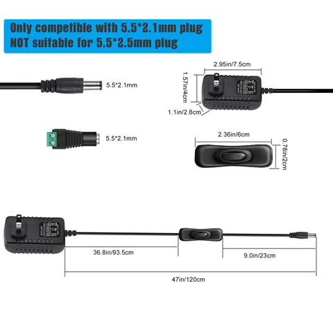 12V Power Adapter With Built In Switch For Easy On Off Control, 12W 1A, 2 Pack, Includes 3.9 Ft US Plug Cable And 5.5 Mm X 2.1 Mm Connector, Perfect For Under Cabinet Lighting And Quick Plug And Play DIY Install. 5.5x2.1mm connector and cable dimensions shown