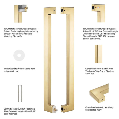 Heavy Duty Push Pull Door Handle In Stainless Steel 304 With Satin Gold Finish, 450mm 18 Inches Square Rectangle Mount For Solid Wood Timber Glass And Metal Doors, 1.2mm Wall Thickness, Boss Grade Build. Satin gold 304 stainless steel door handle pair with hardware