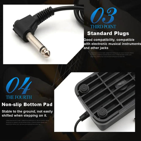 Standard plug and non-slip bottom of Sustain Pedal For Digital Pianos And Keyboards With Polarity Switch, Built To Last ABS Housing And Chrome Pedals, Works With Yamaha Casio MIDI Keyboards And More, Black