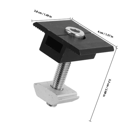 Premium 4 Piece Solar Panel Middle Clamps With M8 Bolts And Heavy Duty Pressure Blocks Hassle Free Mounting Hardware for rooftop arrays, black aluminum clamp detail.