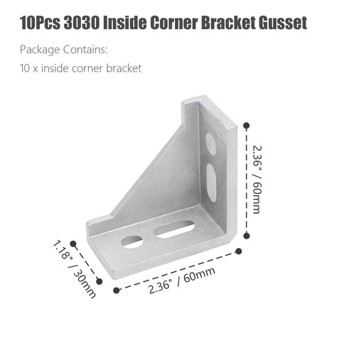 10pcs Inside Corner Bracket Gusset for 3030 Aluminum Extrusion, L Bracket Connector, 90 Degree, 60x60x30mm, Silver Aluminum Alloy