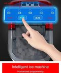 Close-up of control panel on Sleek Countertop Ice Machine Cranking Out Thirty Three Pounds Of Snap Frozen Cubes In Six Minutes.