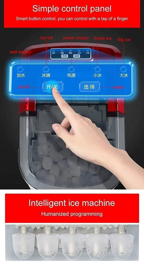 Close-up of control panel on Sleek Countertop Ice Machine Cranking Out Thirty Three Pounds Of Snap Frozen Cubes In Six Minutes.