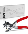 Beefy Leather Hole Puncher Workhorse with six punch sizes and red handles, shown with packaging for belts, watch bands, and more.
