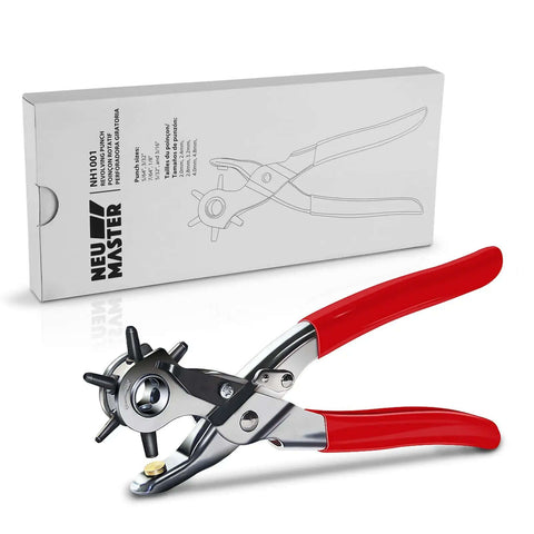 Beefy Leather Hole Puncher Workhorse with six punch sizes and red handles, shown with packaging for belts, watch bands, and more.