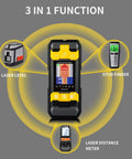 Diagram of a 3 In 1 Stud Finder With Laser Level And Laser Measurement Tool showing laser level, stud finder, and distance meter functions.
