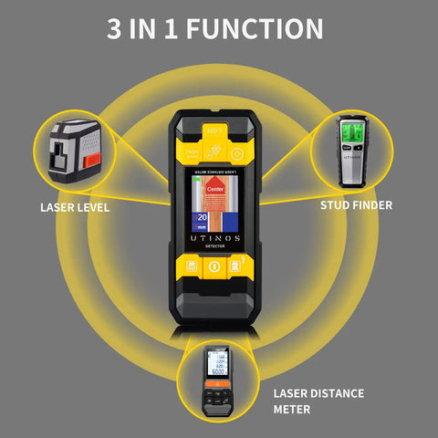 Diagram of a 3 In 1 Stud Finder With Laser Level And Laser Measurement Tool showing laser level, stud finder, and distance meter functions.