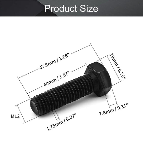 The Real Deal 5 Pack M12 X 40 MM Left Hand Hex Bolts Premium 12.9 Grade Carbon Steel Reverse Thread Fasteners Heavy Duty Industrial Hardware Built Damn Tough For Garage Jobs with dimensions.