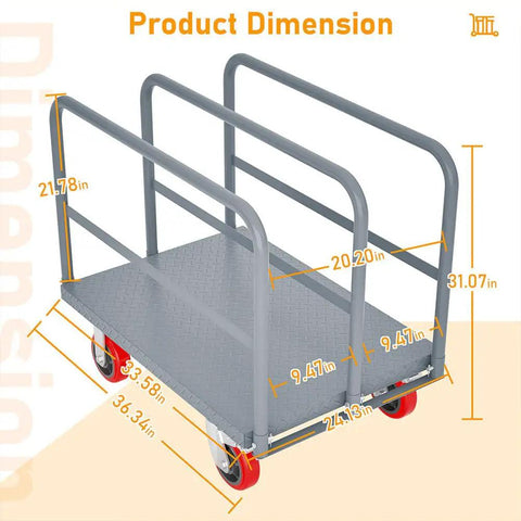 Beast Mode Heavy Duty All Steel Panel Truck Cart Holds 2000 Lbs With 3 Side Rails And 6 Inch Swivel Casters That Roll Smooth For Lumber Drywall Warehouse Hauling dimensions diagram.