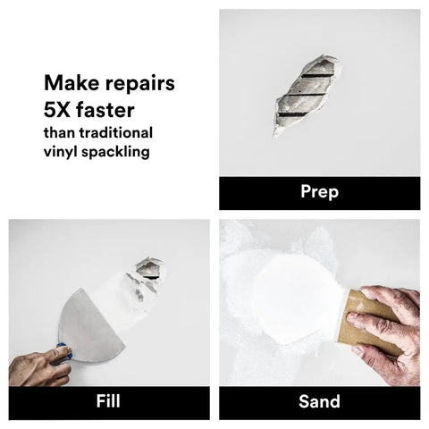 High Strength Large Hole Drywall Repair Kit process: prepping, filling, sanding for 3-5 inch wall holes, no shrinking or cracking.