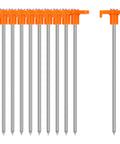 Heavy Duty 7 Inch Tent Stakes, 10 Pack Galvanized Steel Ground Anchors with bright orange heads for tents, canopies, and tarps.